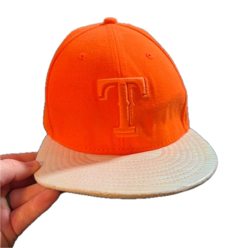 7 5/8 Texas Rangers New Era 59FIFTY Orange Fitted T Logo Flat Bill MLB Hat